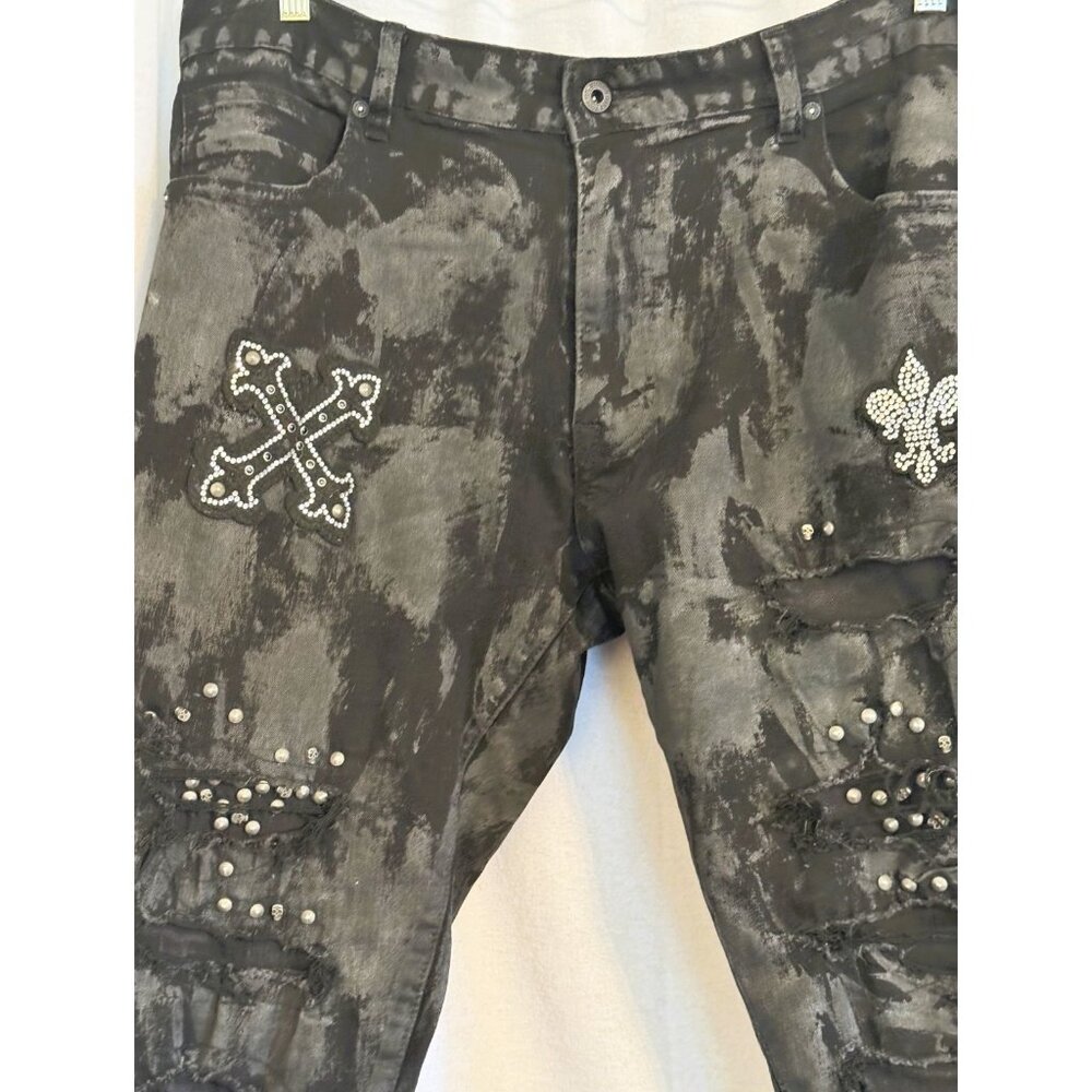 Smoke Grey & Black Dappled Men's Jeans w/ Silver Appliques, Size 40/34,XL